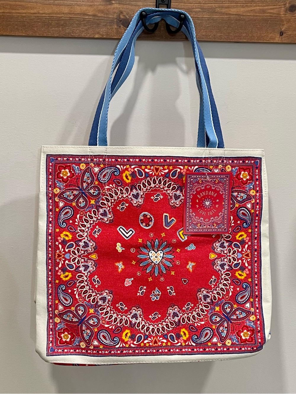 Brighton Red Bandana Print Tote Bag with Blue Straps